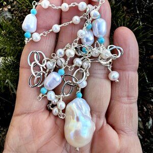 Sundance $188 NEW Adjustable Pearl Turquoise Silver Beaded Handmade Necklace